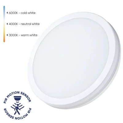 LED Ūdensizturīgs gaismeklis ar PIR kustības sensoru 20W, 3CCT, 2400Lm, IP65, Ø 230 x 55 mm
